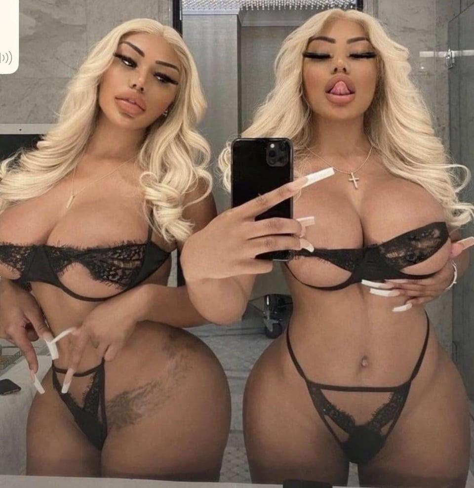Bimbo and trans women in lace lingerie and nude poses, featuring busty white and asian women and a pawg with a back tattoo