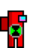 Among Us alien pixel art sprites of a red character with a green symbol in various poses on a black background