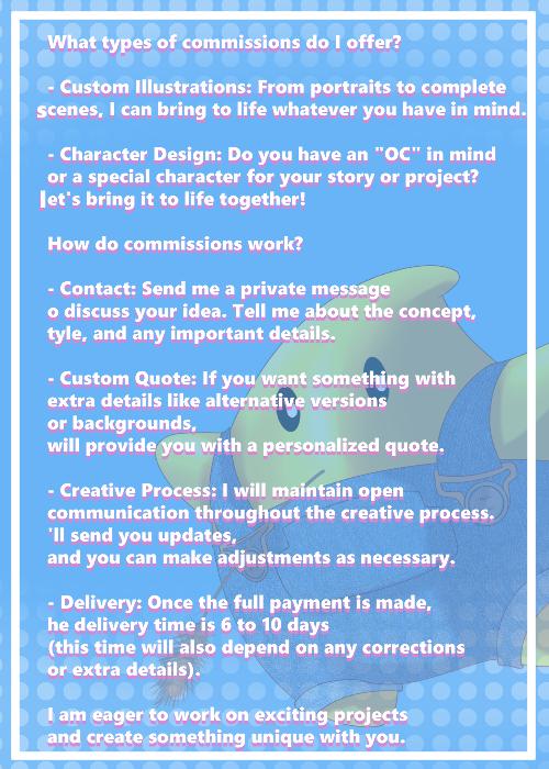 Roccella's commission sheet featuring anime art of a muscular redhead man, a goth woman, and diverse characters.