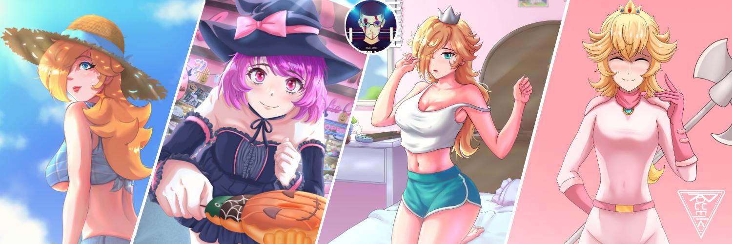 Roccella's commission sheet featuring anime art of a muscular redhead man, a goth woman, and diverse characters.
