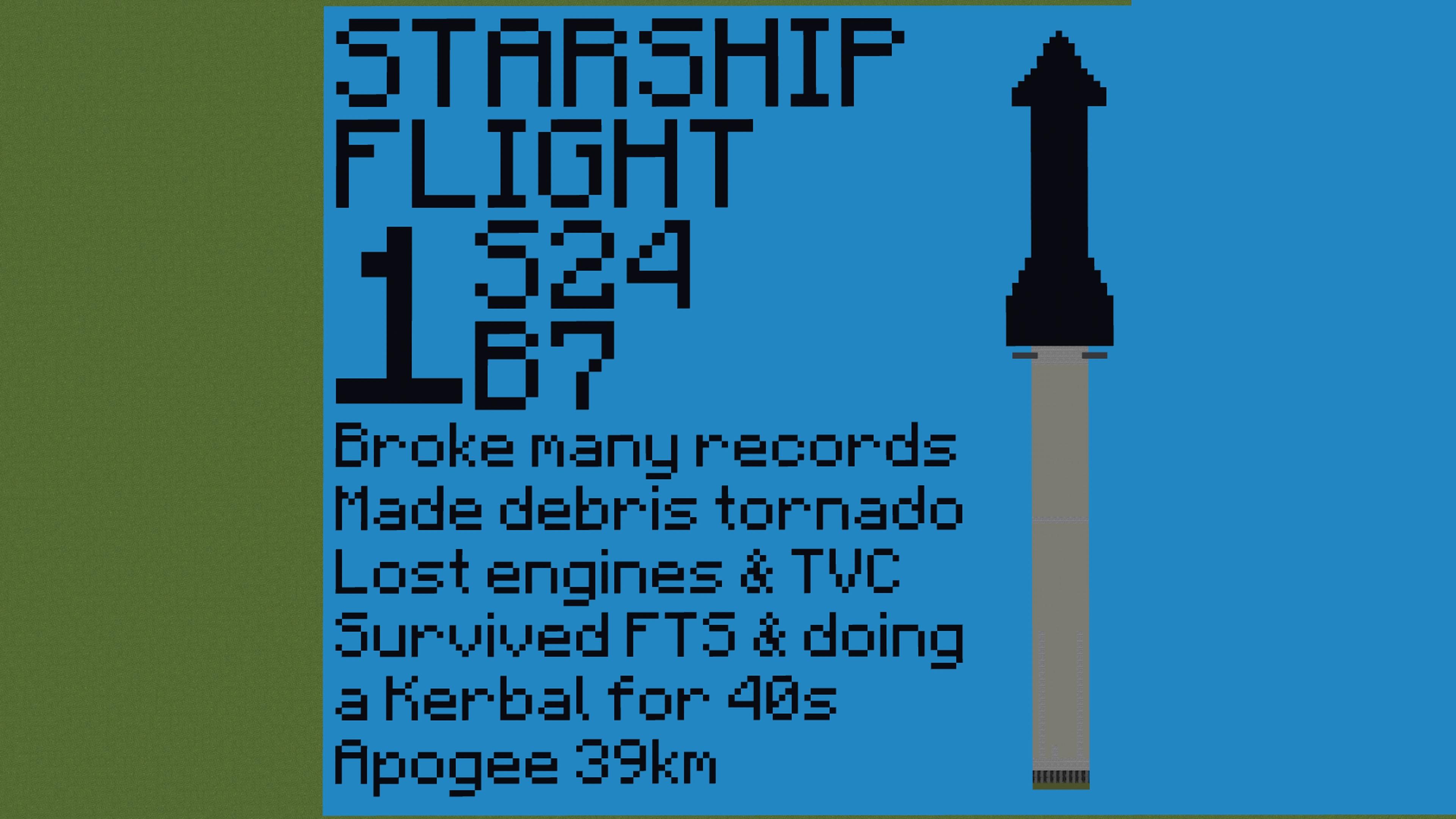 IFT-1 Minecraft mapart of a Starship flight summary with a rocket and flight events on a blue background