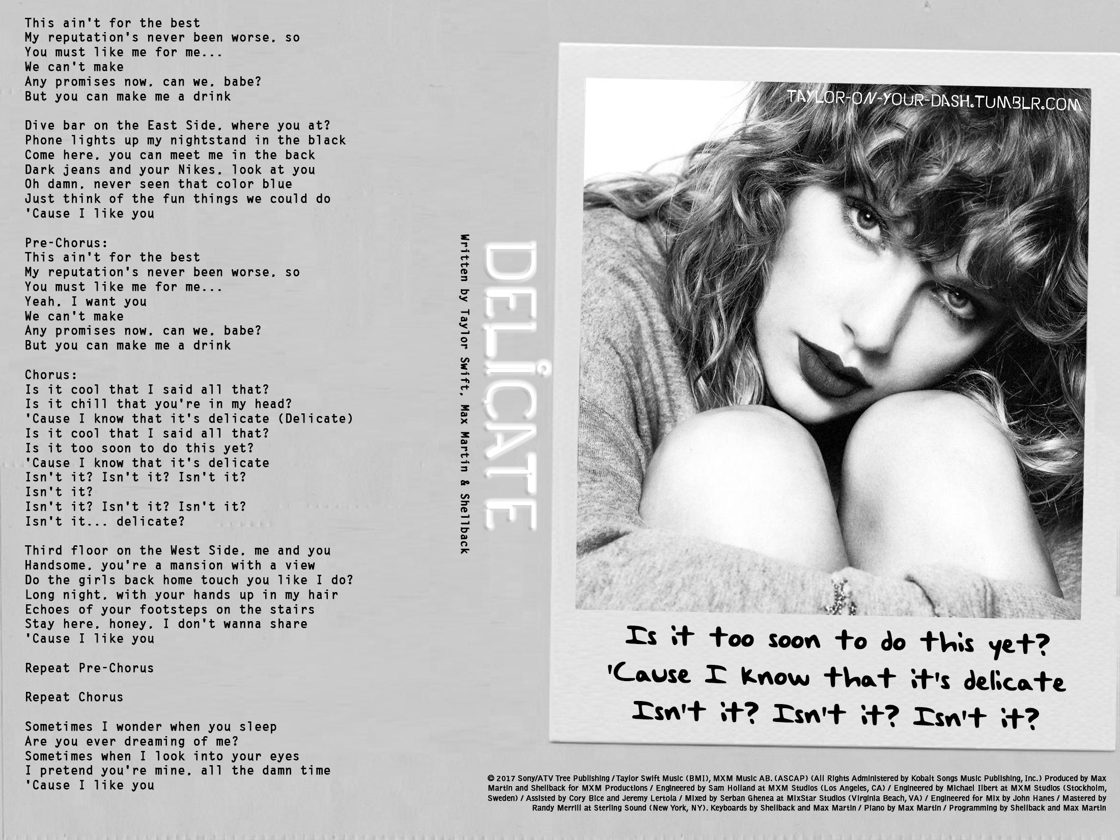 Taylor Swift black and white portrait next to lyrics from the song Delicate