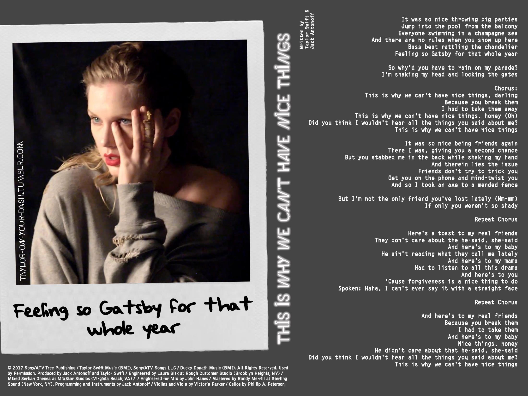 Taylor Swift black and white portrait next to lyrics from the song Delicate