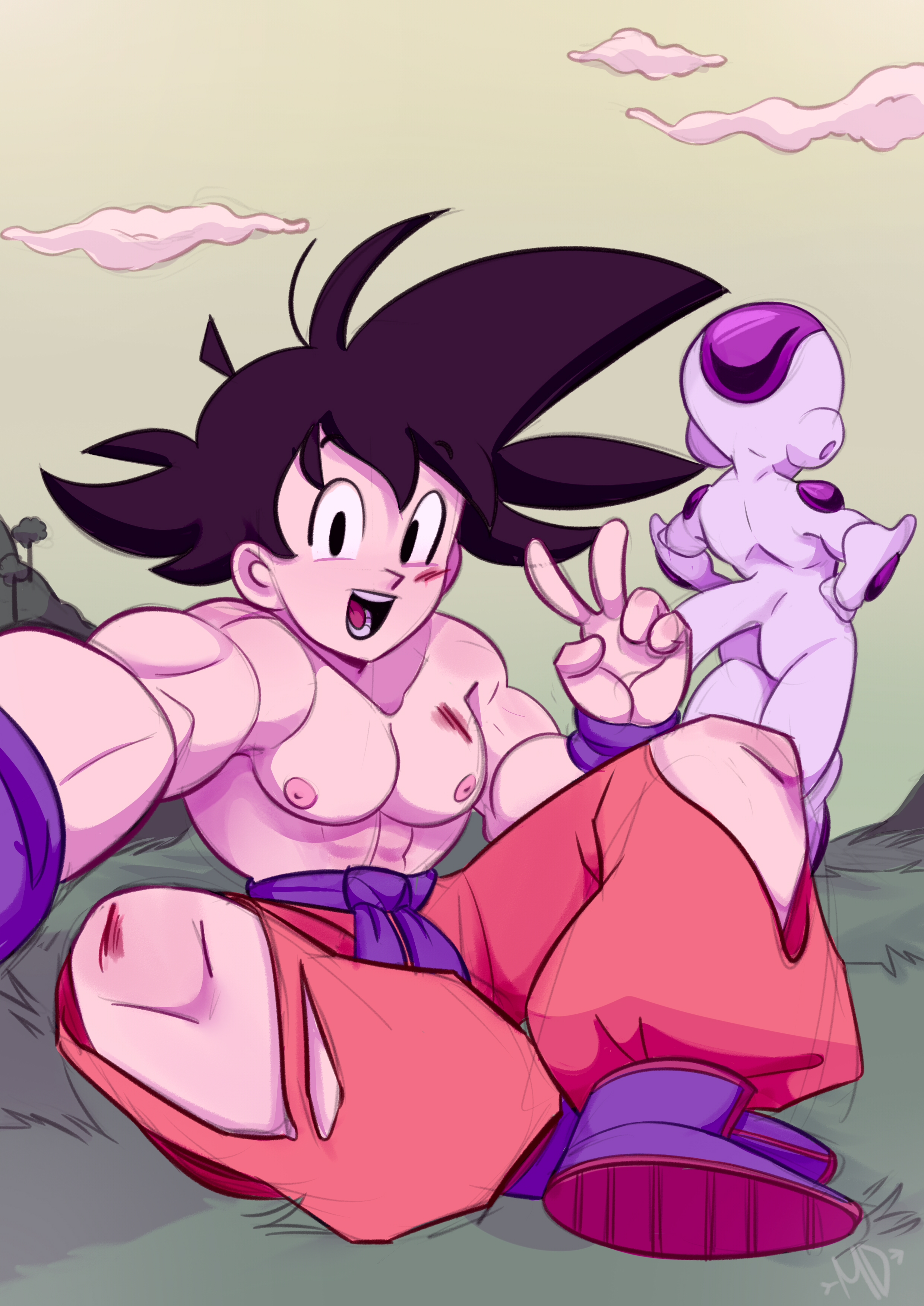 Anime digital art of Goku, Frieza, and original characters with blue and curly hair in a cartoonish style.