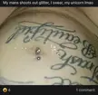 Curvy white person's stomach with a belly button piercing and tattoos, featuring a trashy Facebook caption.