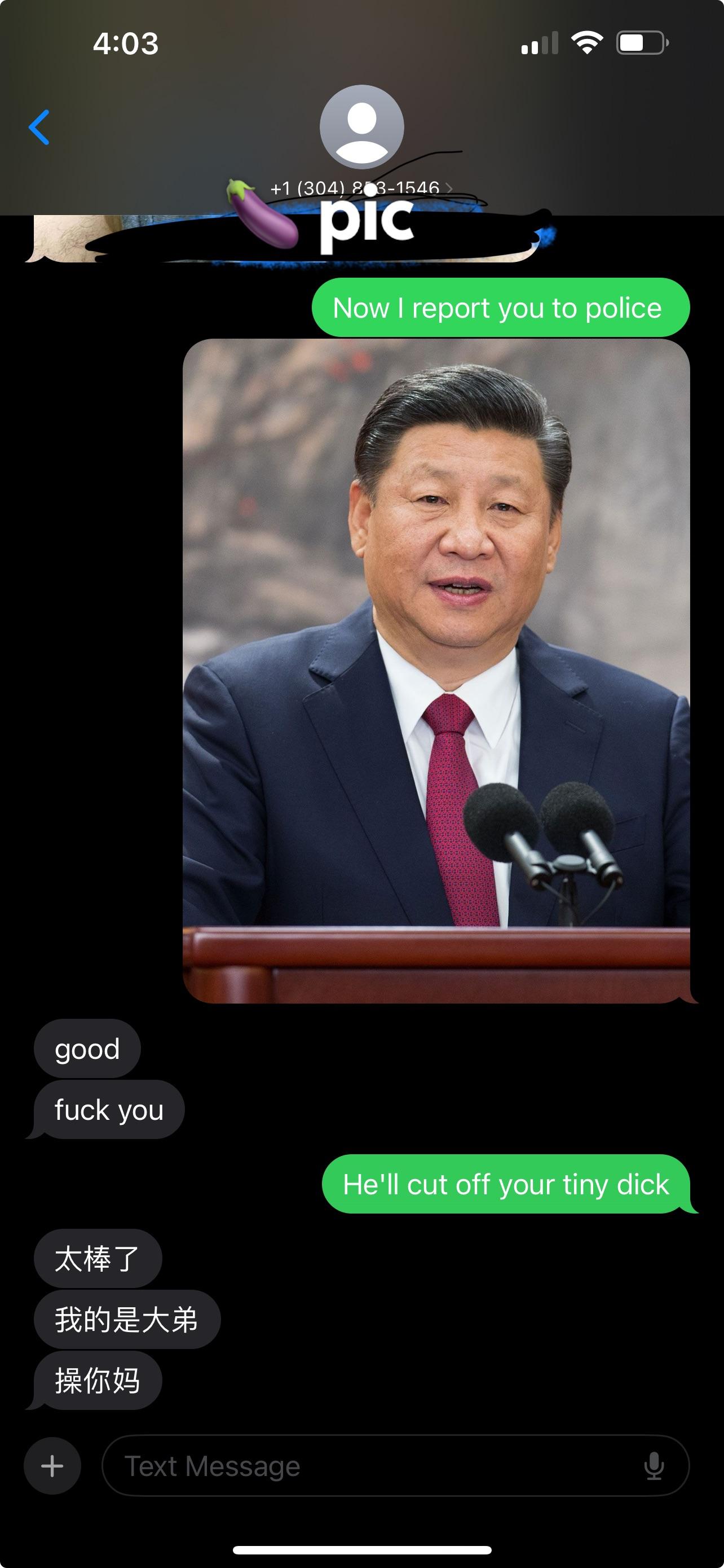 Scambaiting text conversation featuring Xi Jinping and threats of penectomy and castration