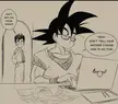 Black and white anime comic of a muscular man with spiky hair and glasses at a laptop talking to a small boy.