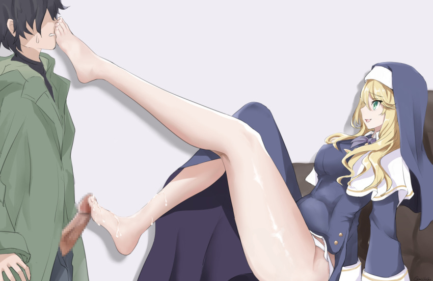 Anime art of a busty blonde nun giving an interracial footjob to a slim Asian man, feet on his face and crotch
