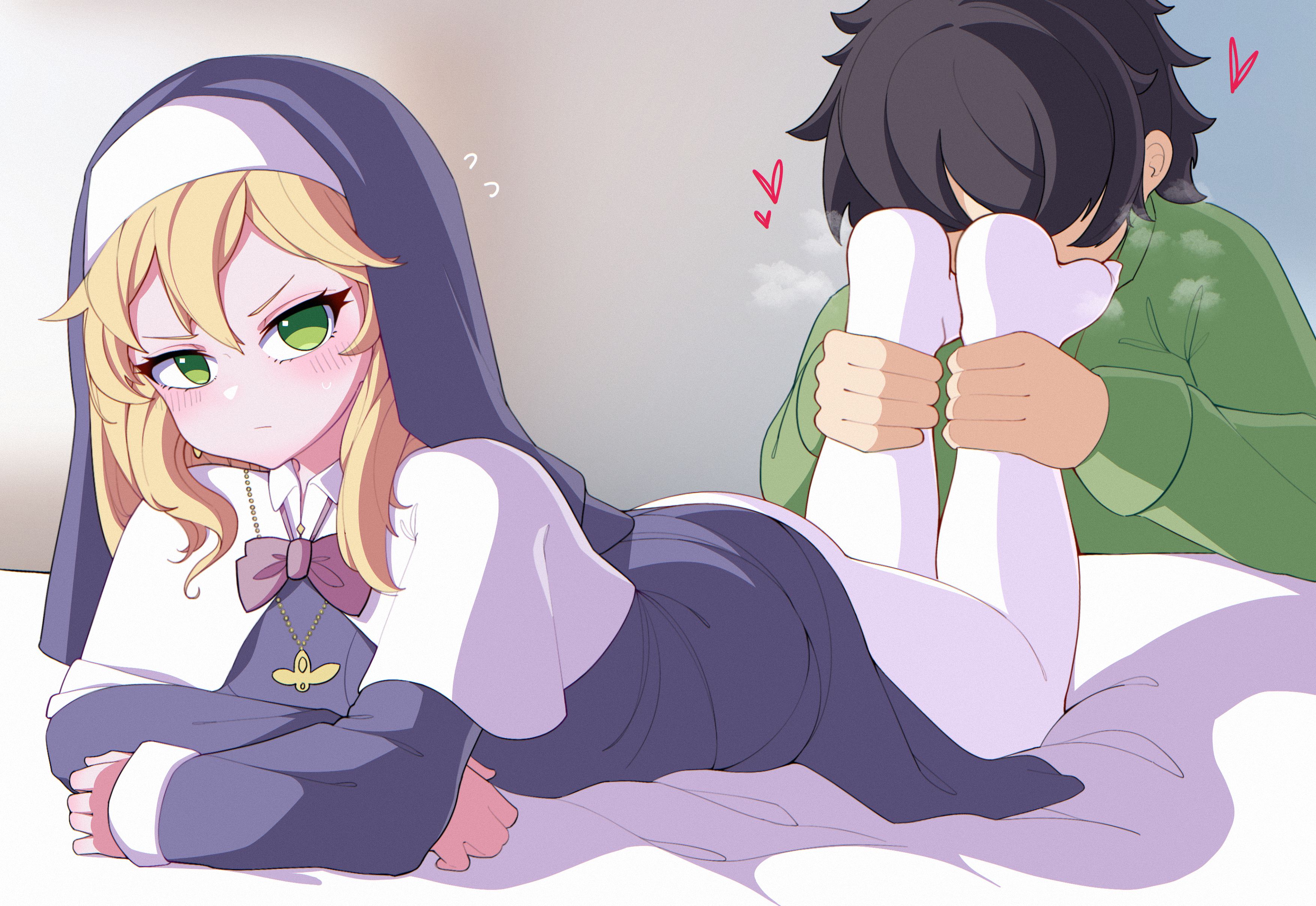 Anime art of a busty blonde nun giving an interracial footjob to a slim Asian man, feet on his face and crotch