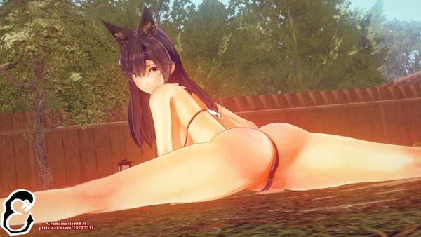 Atago anime girl with animal ears in lingerie, bikinis, and stockings, posing suggestively