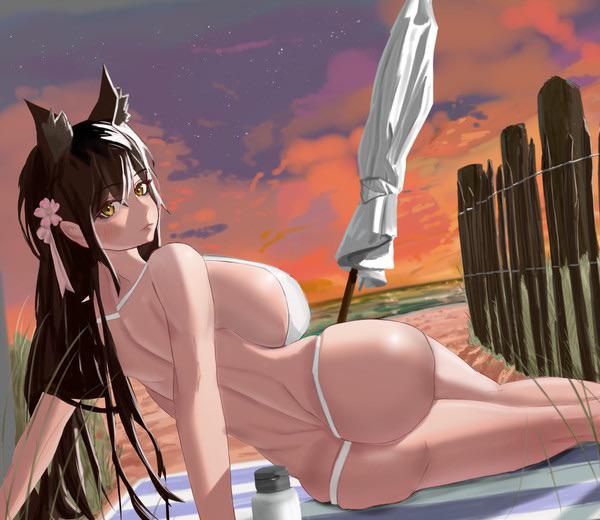 Atago anime girl with animal ears in lingerie, bikinis, and stockings, posing suggestively