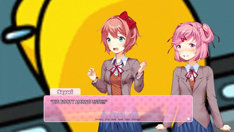 DDLC anime girls with purple hair and plaid skirts in a yellow room with text boxes