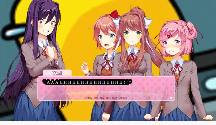 DDLC anime girls with purple hair and plaid skirts in a yellow room with text boxes