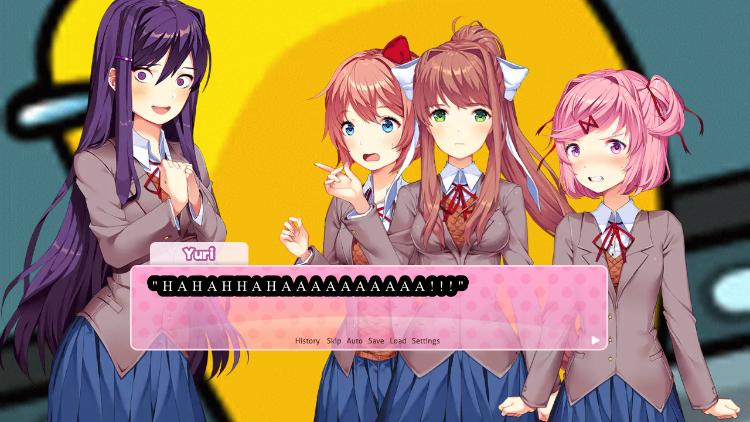 DDLC anime girls with purple hair and plaid skirts in a yellow room with text boxes