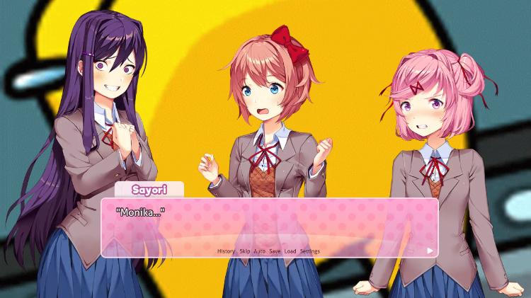 DDLC anime girls with purple hair and plaid skirts in a yellow room with text boxes