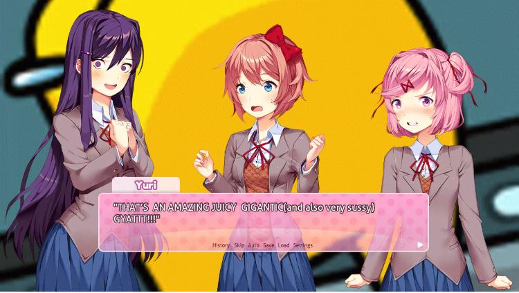 DDLC anime girls with purple hair and plaid skirts in a yellow room with text boxes