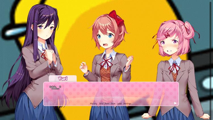DDLC anime girls with purple hair and plaid skirts in a yellow room with text boxes