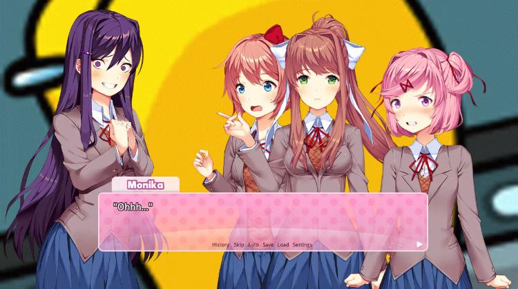 DDLC anime girls with purple hair and plaid skirts in a yellow room with text boxes