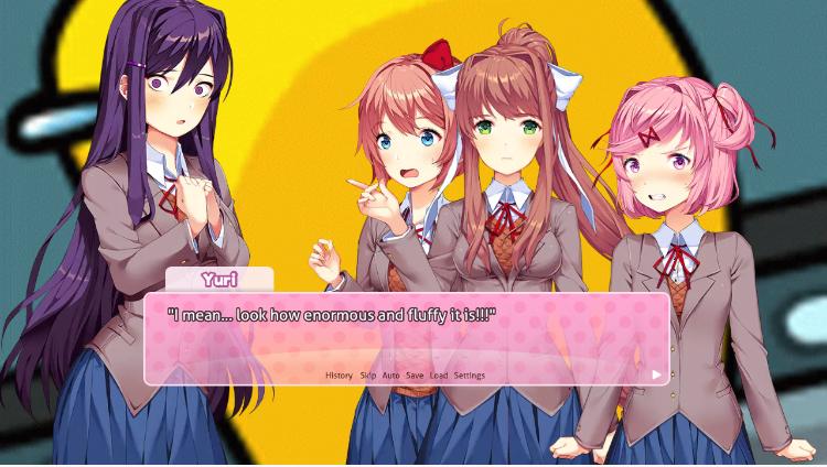 DDLC anime girls with purple hair and plaid skirts in a yellow room with text boxes