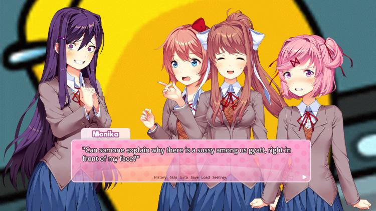 DDLC anime girls with purple hair and plaid skirts in a yellow room with text boxes