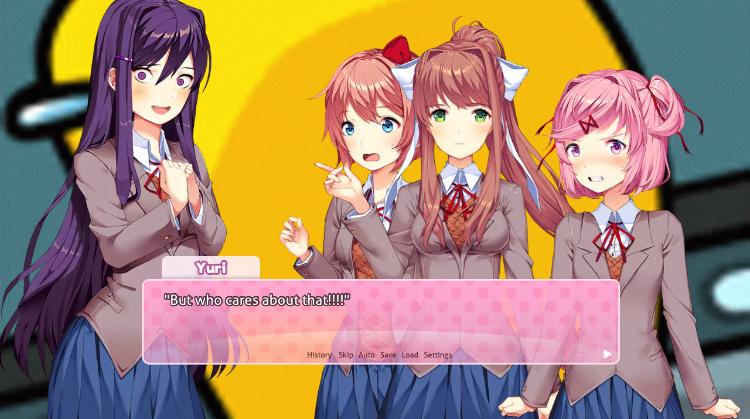DDLC anime girls with purple hair and plaid skirts in a yellow room with text boxes