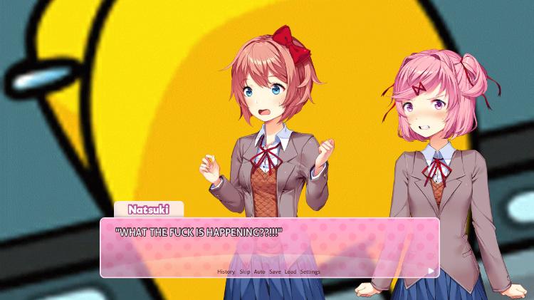 DDLC anime girls with purple hair and plaid skirts in a yellow room with text boxes