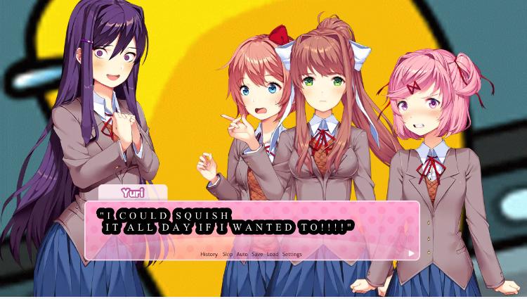 DDLC anime girls with purple hair and plaid skirts in a yellow room with text boxes