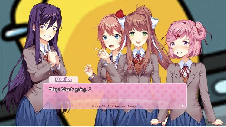 DDLC anime girls with purple hair and plaid skirts in a yellow room with text boxes