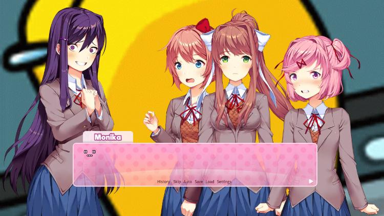 DDLC anime girls with purple hair and plaid skirts in a yellow room with text boxes