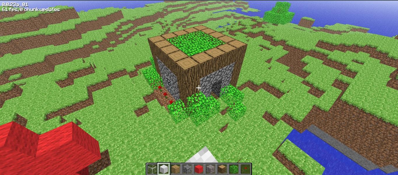 Simple Minecraft build of a room with stone walls, wooden floor, red carpet, and a yellow block