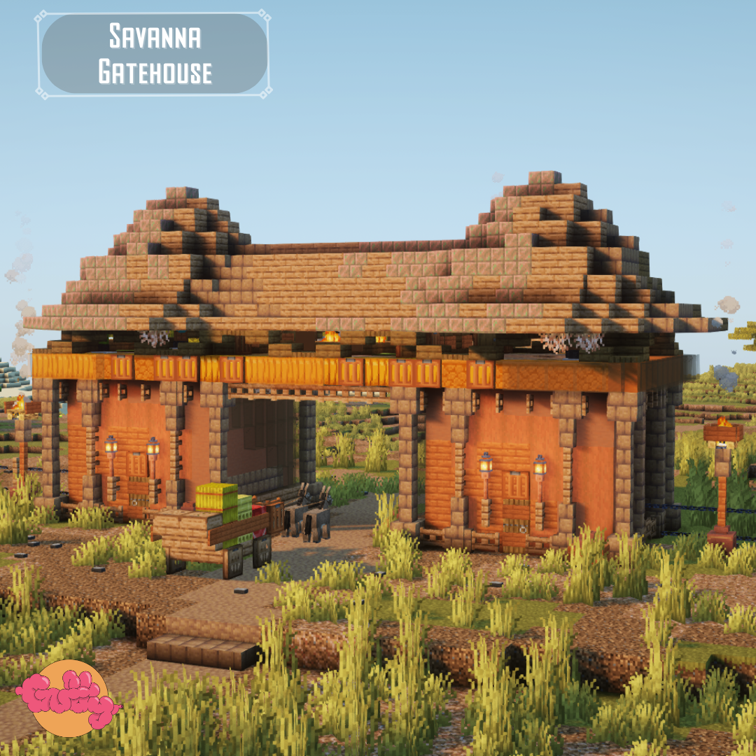 Savanna Gatehouse medieval minecraft build with wooden carts in a savanna biome