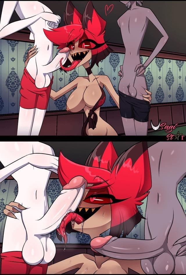 Hazbin Hotel fan art featuring a busty redheaded anthropomorphic character in a group sex scene with yiff and futanari