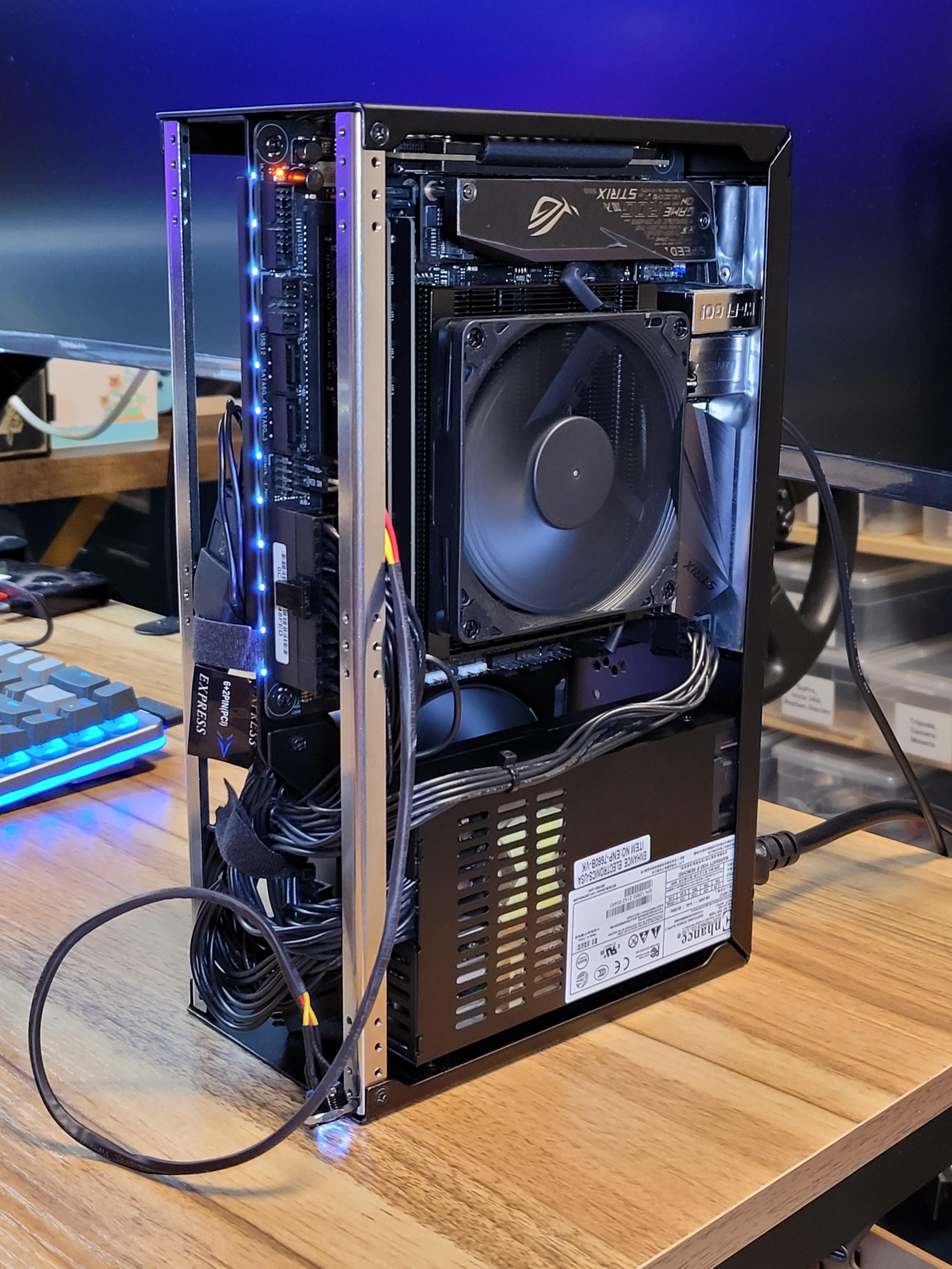 SFFPC build featuring a Founders Edition 3070 ti graphics card and cooling fan inside a sub 5L Velka 5c case