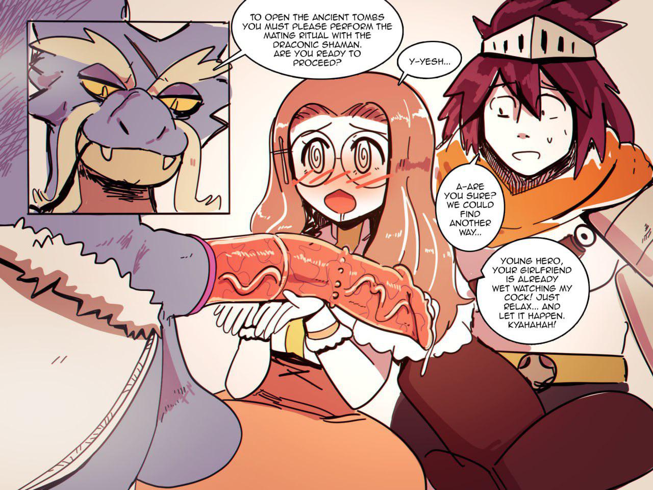 NTR comic of a redhead woman in a white dress being penetrated by a muscular purple draconic shaman monster