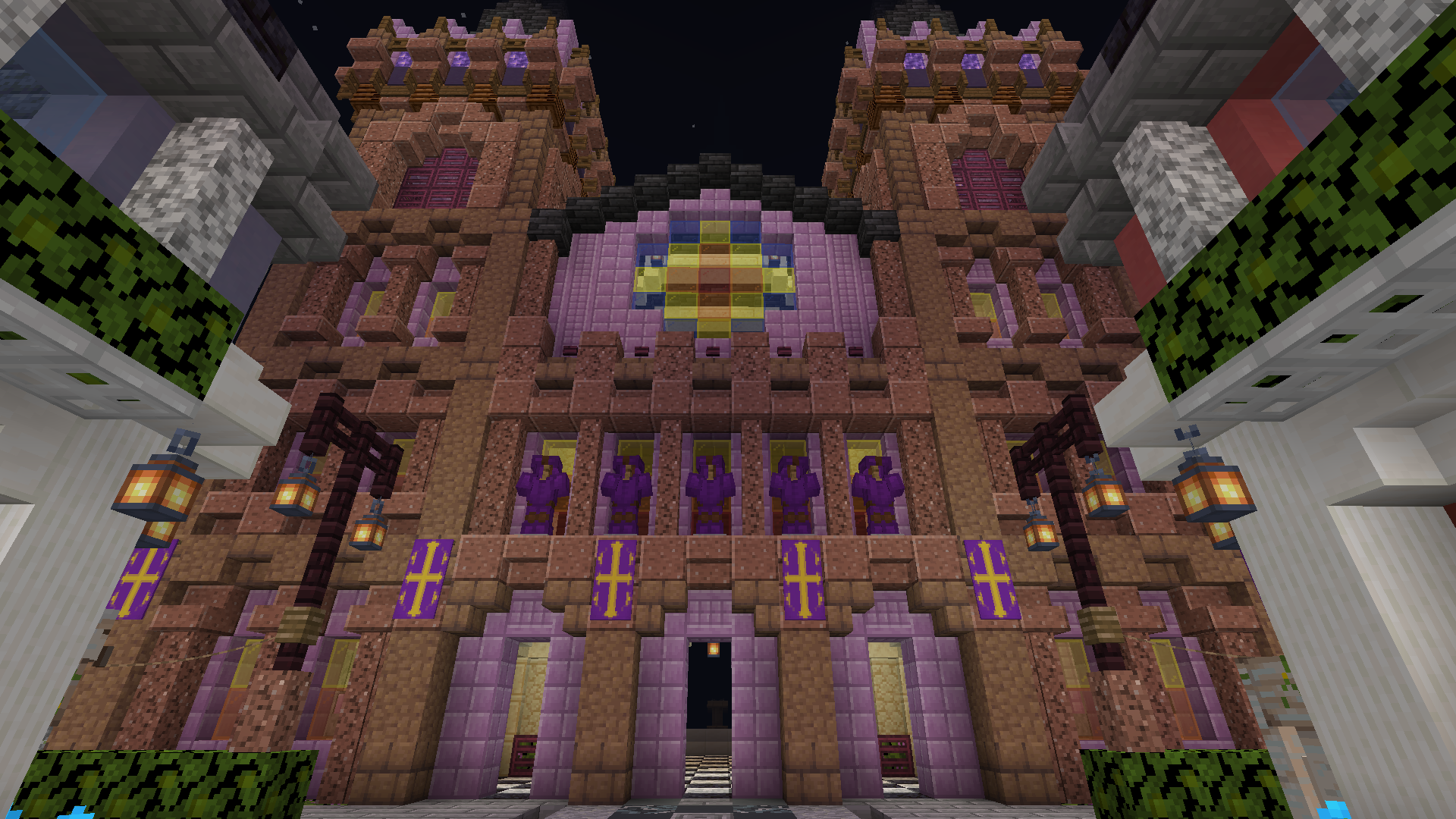 Minecraft mega build of an ornate purple and brown church with figures in purple robes on a balcony at night
