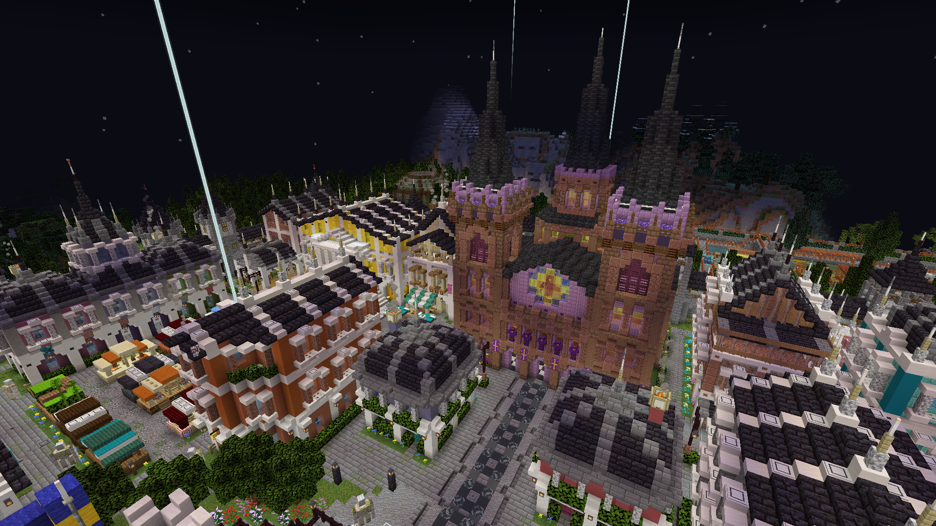 Minecraft mega build of an ornate purple and brown church with figures in purple robes on a balcony at night