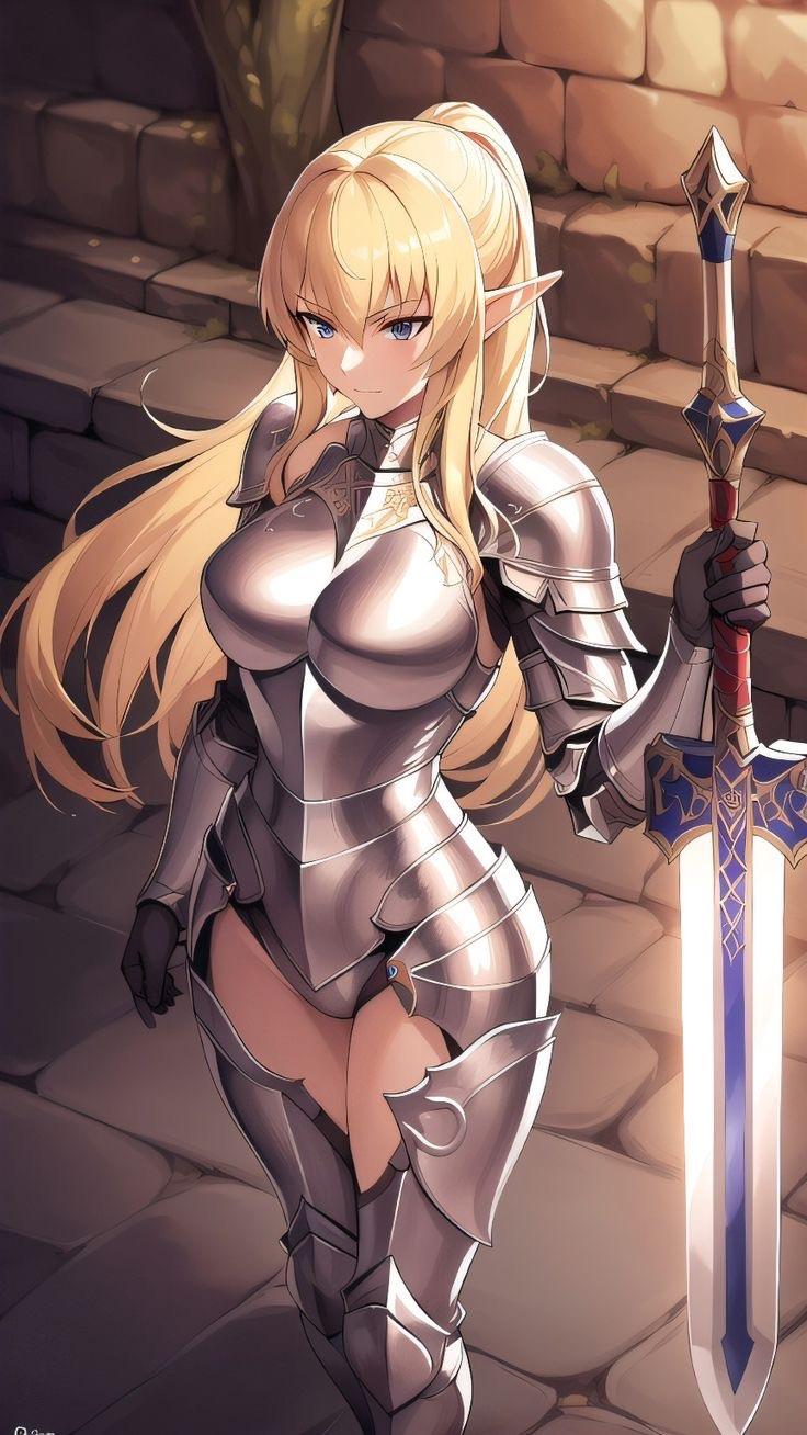 Anime fantasy women in ornate armor and dresses, including elves and a demon queen with cleavage and busty figures.