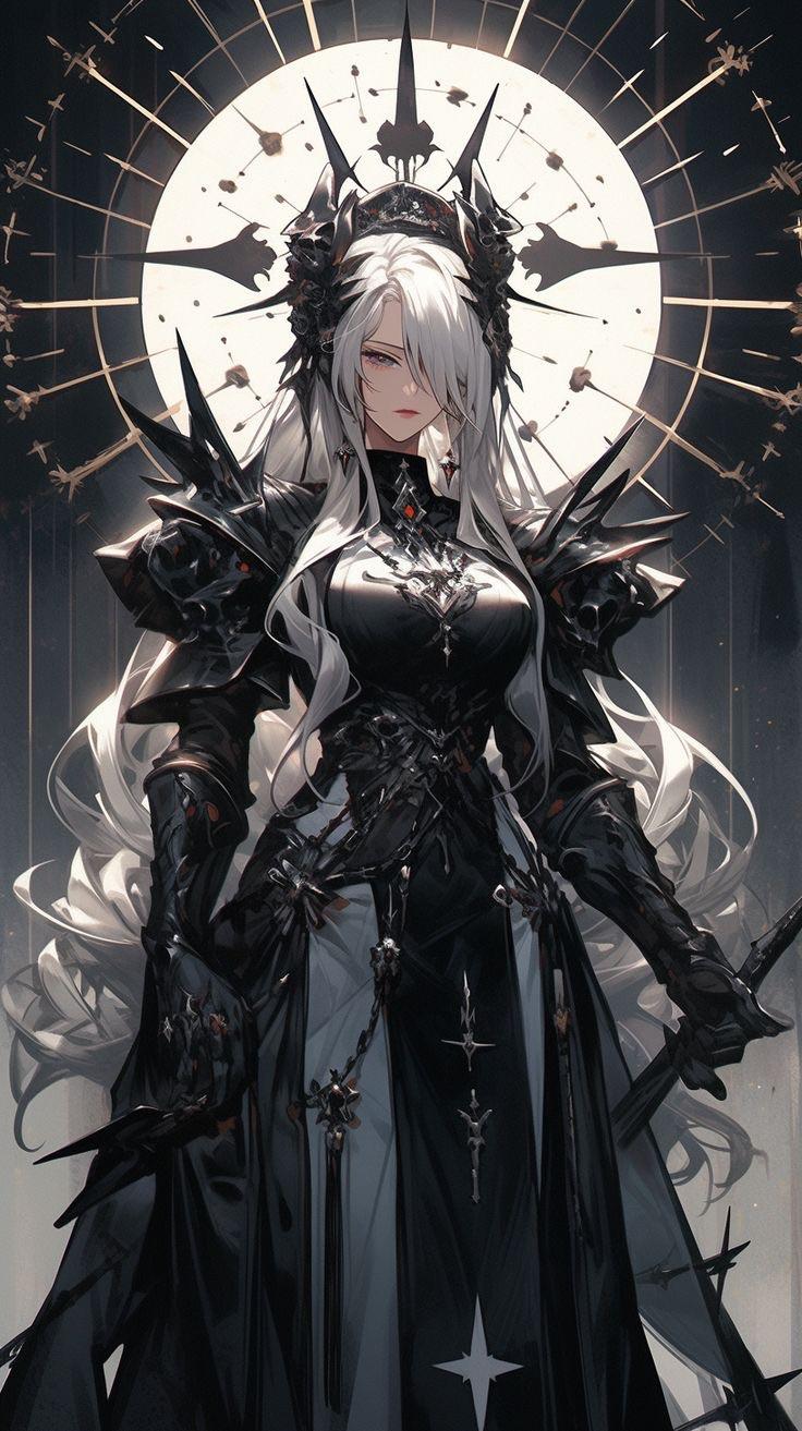 Anime fantasy women in ornate armor and dresses, including elves and a demon queen with cleavage and busty figures.