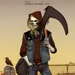 Animated art by Heri Shinato of a slim Grim Reaper in a denim vest and brown hood smoking a cigarette near a graveyard.