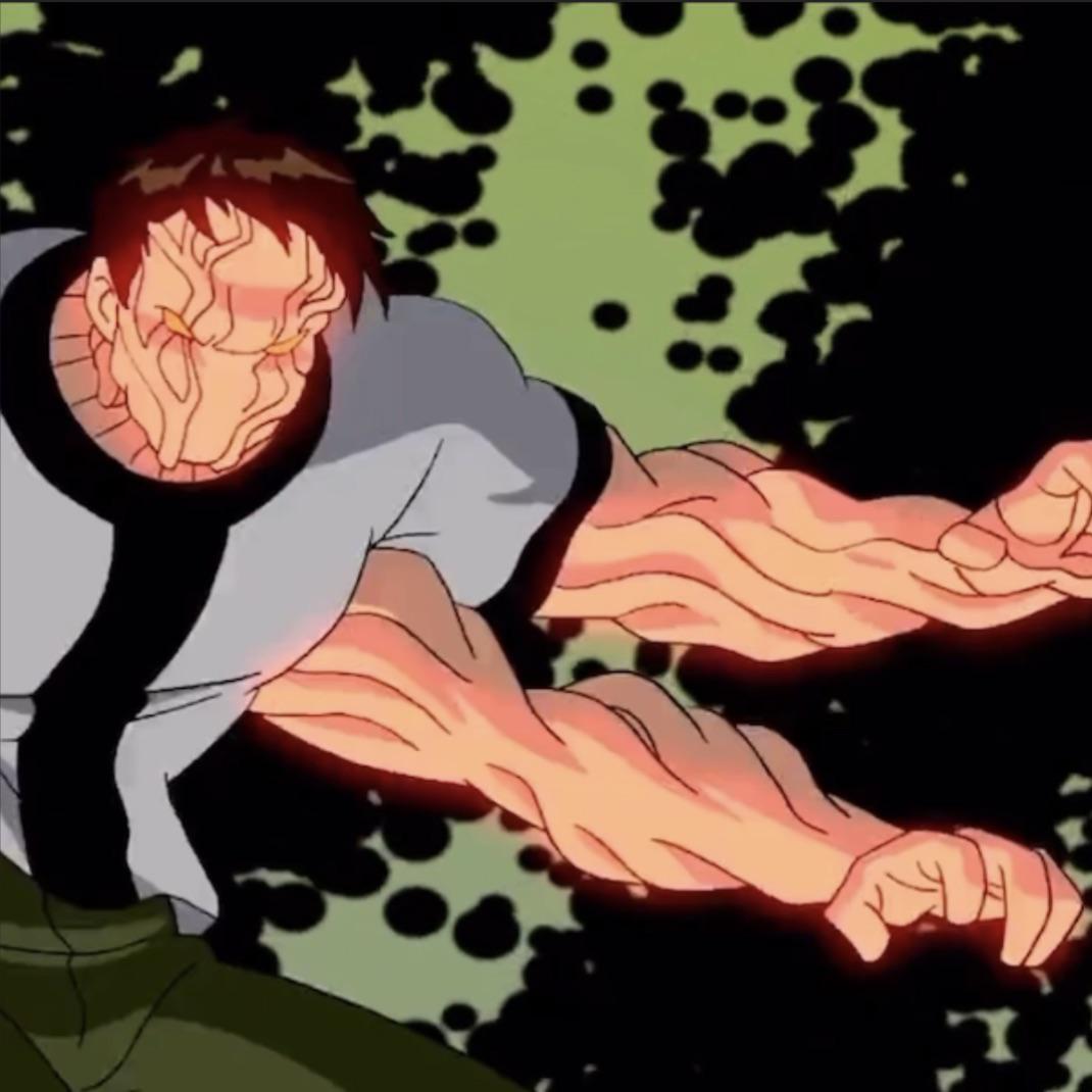 Ben 10 transforming into Four Arms as two muscular figures with glowing orange skin and white shirts
