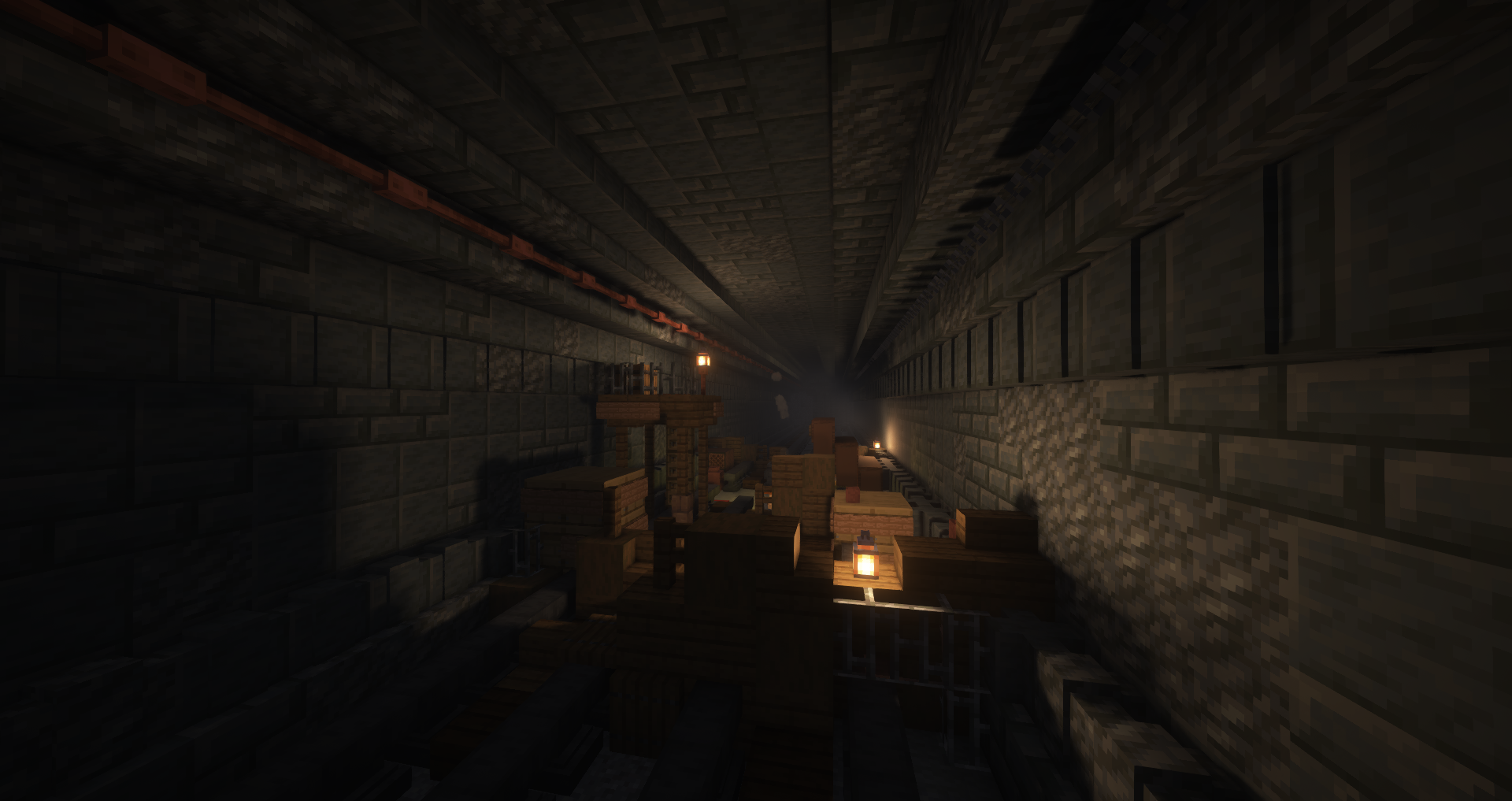 Post-apocalyptic metro Minecraft builds featuring a Japanese-style street and a dungeon with green glowing liquid