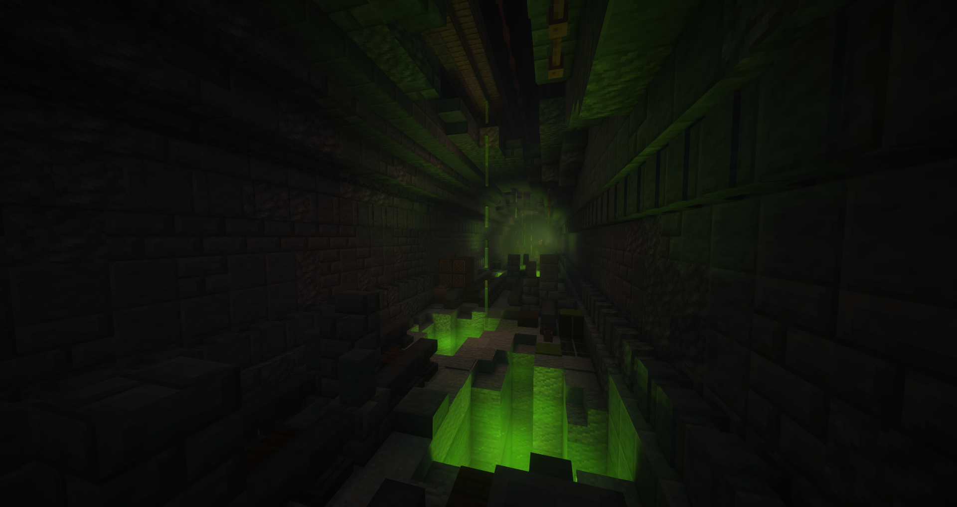 Post-apocalyptic metro Minecraft builds featuring a Japanese-style street and a dungeon with green glowing liquid
