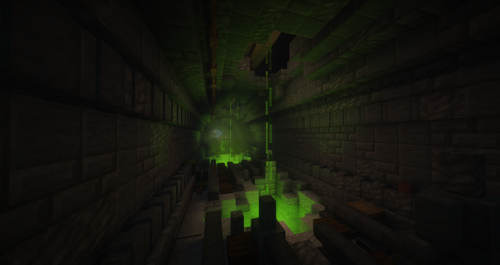 Post-apocalyptic metro Minecraft builds featuring a Japanese-style street and a dungeon with green glowing liquid