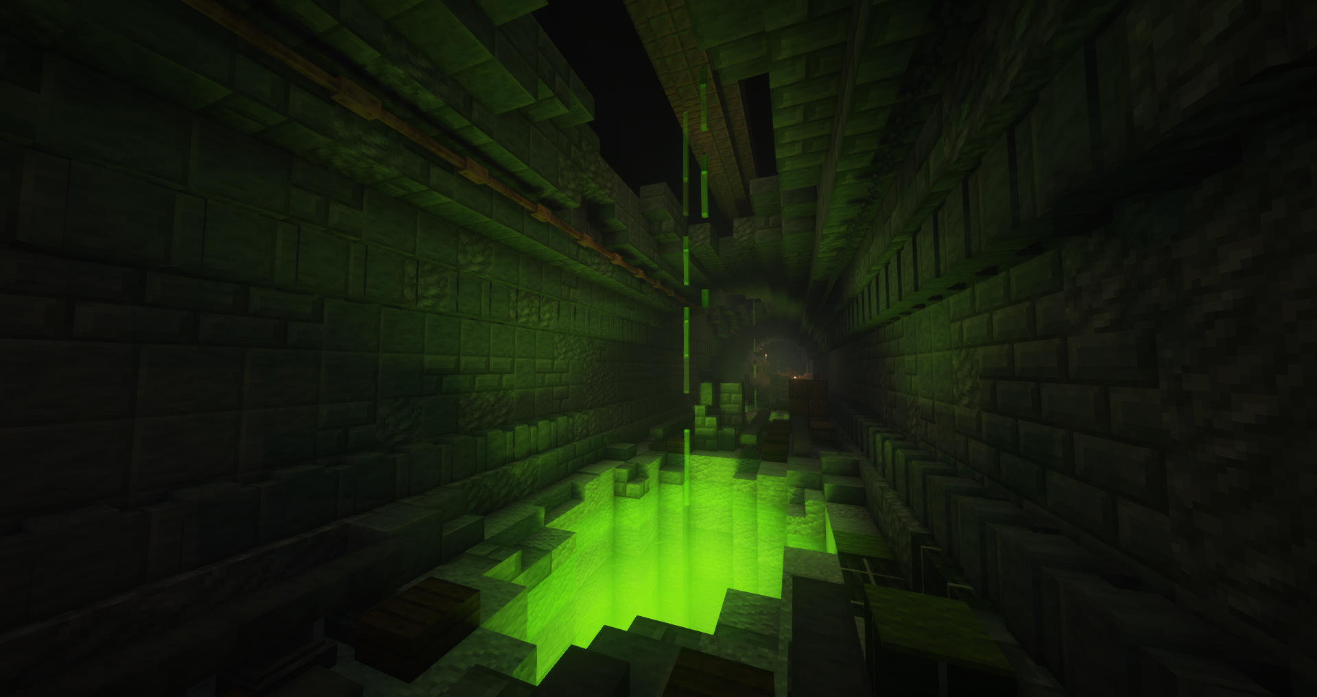 Post-apocalyptic metro Minecraft builds featuring a Japanese-style street and a dungeon with green glowing liquid