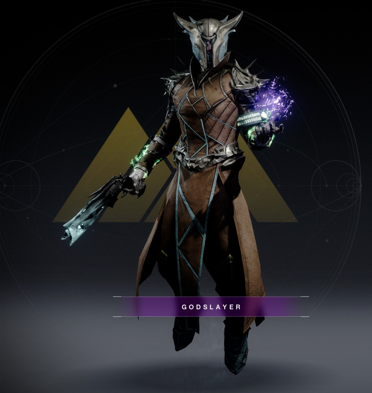 Warlock armor sets and character customizations for Godslayer featuring futuristic gear and a ghost companion