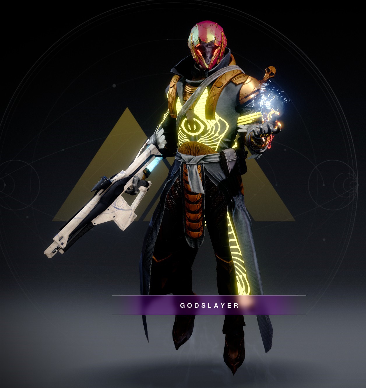 Warlock armor sets and character customizations for Godslayer featuring futuristic gear and a ghost companion