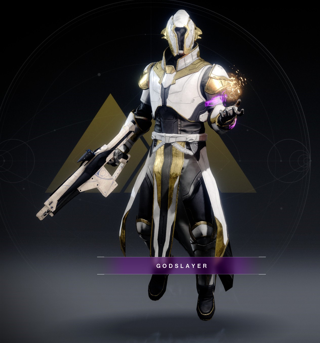Warlock armor sets and character customizations for Godslayer featuring futuristic gear and a ghost companion