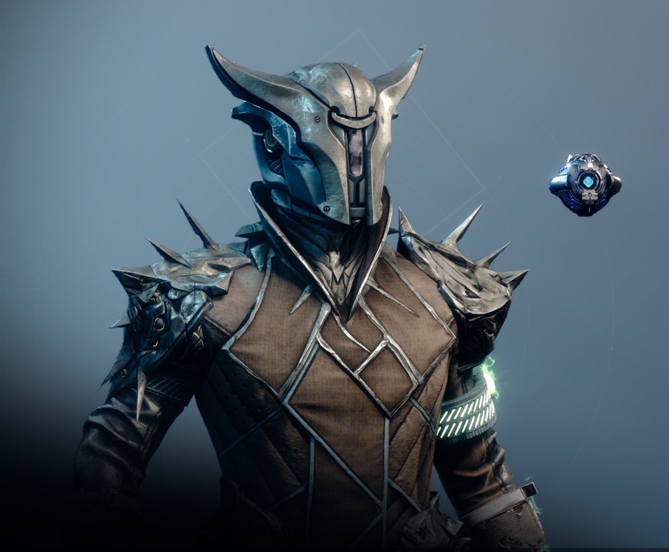 Warlock armor sets and character customizations for Godslayer featuring futuristic gear and a ghost companion
