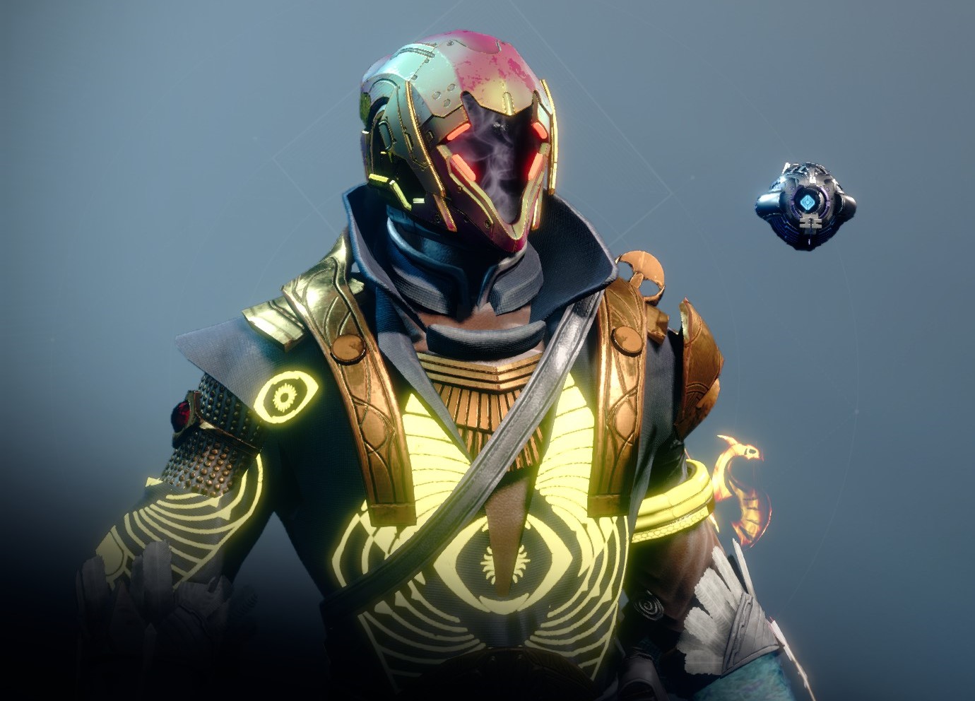 Warlock armor sets and character customizations for Godslayer featuring futuristic gear and a ghost companion