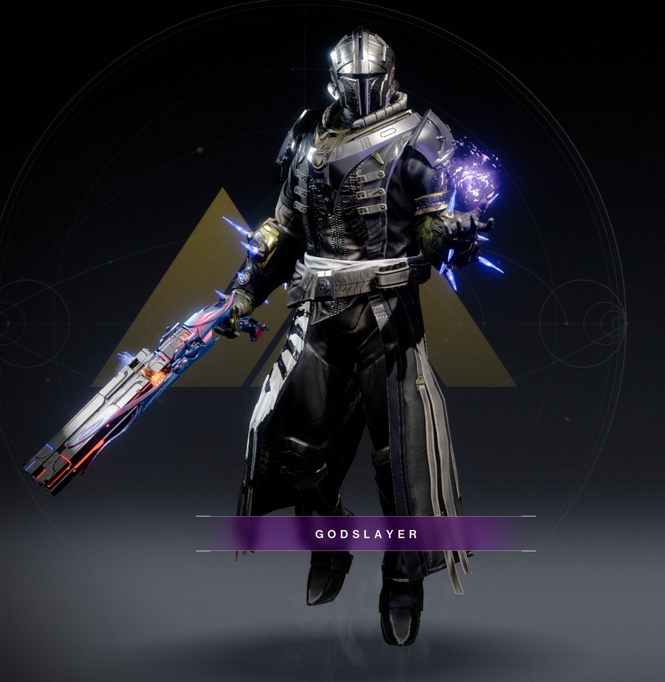 Warlock armor sets and character customizations for Godslayer featuring futuristic gear and a ghost companion